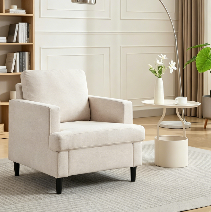 Oversized Linen Relax Armchair with Wood Legs and Padded Armrests